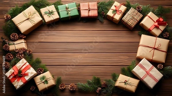 Obraz A circular arrangement of christmas gifts and pine boughs on a wooden surface.