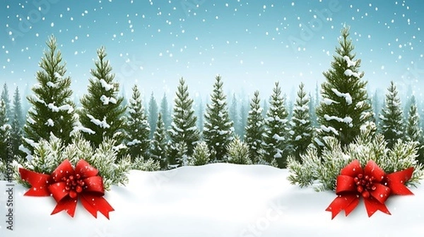 Obraz A winter wonderland scene with snow-covered Christmas trees and a red ribbon.