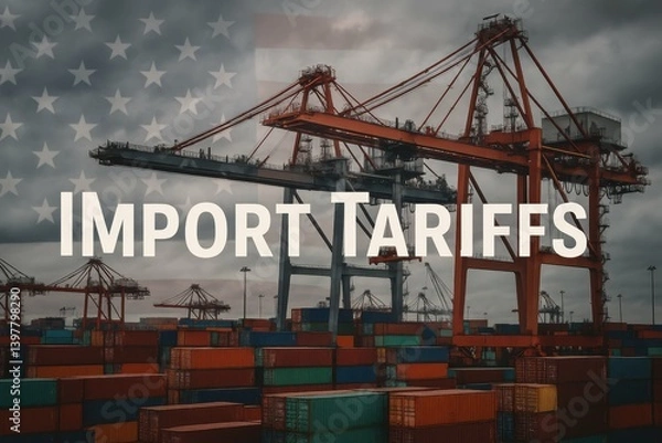 Fototapeta Shipping Port Scene with Cargo Cranes and Container Stacks