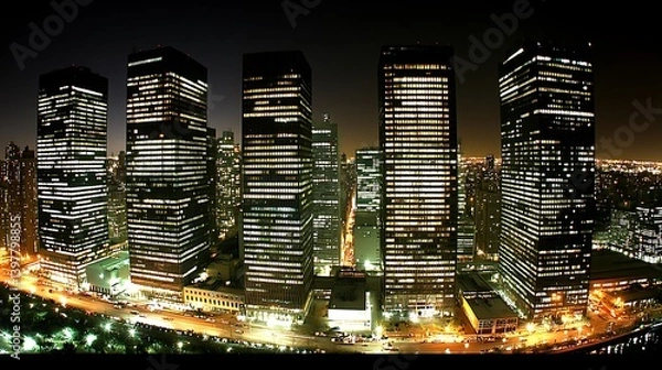 Obraz A panoramic view of illuminated skyscrapers at night in a bustling city.