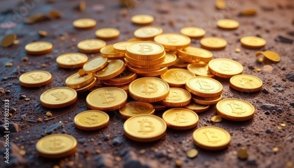 Fototapeta Bitcoin coins piled on ground cryptocurrency digital assets financial environment close-up wealth