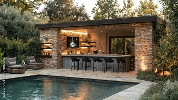 Fototapeta Luxurious outdoor poolside bar with stone facade, integrated lighting, and comfortable seating