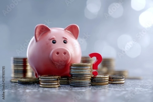 Fototapeta Conceptual image of a piggy bank surrounded by coins and a red sign featuring a question mark