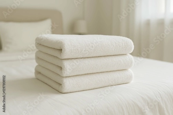 Fototapeta Neatly Stacked White Towels on a Bed in a Minimalist Room Setting