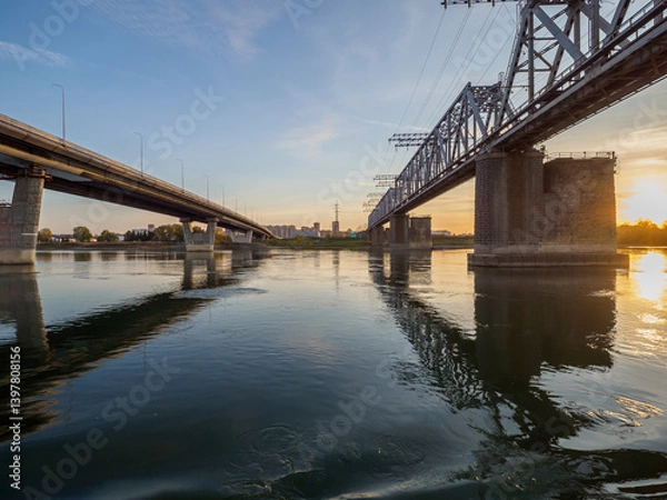 Obraz Bridges across the Ob River in Novosibirsk at sunset.