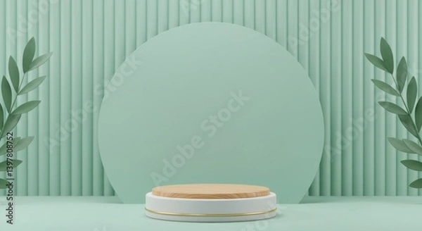 Fototapeta Minimalist pastel product display featuring a wood and gold stand against a soft green backdrop with foliage