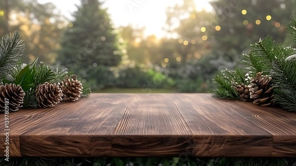 Obraz A rustic wooden table adorned with christmas greenery and pinecones, bathed in warm, ambient light.
