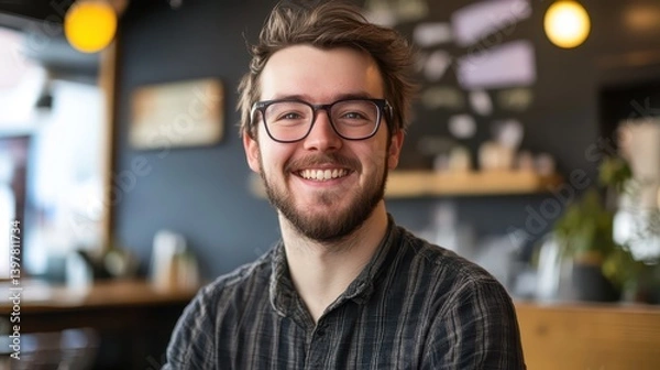 Fototapeta Joyful freelancer in shirt sits at table with laptop and emotionally rejoices with hands raised. Portrait of happy young man at remote work rejoices success. Freelancer