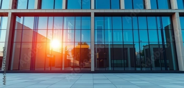 Fototapeta Sunlit geometric building facade with reflective glass windows, ample empty space,  blank, copy space