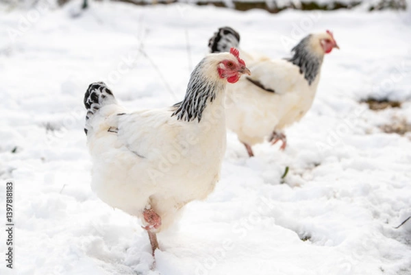 Obraz Poule de race Sussex se promenant dans la cour du poulailler, le sol recouvert de neige.