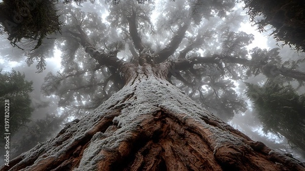 Obraz A majestic frost-covered giant sequoia tree towering in a misty forest.