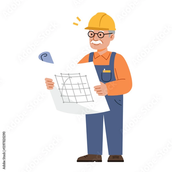 Fototapeta Senior engineer smiling while holding building plans against white background  
