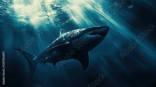 Obraz Sleek megalodon glides through deep ocean, embodying power and grace in its streamlined form.