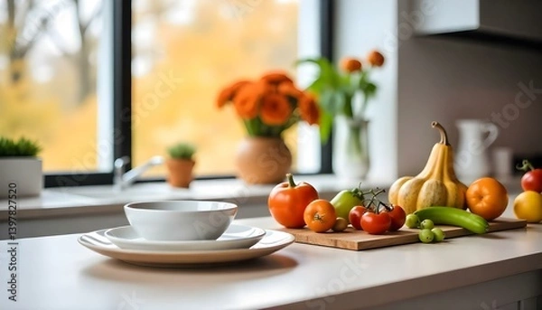 Obraz A table with a bowl and a plate, a pumpkin, tomatoes, apples, and other fruits and vegetables, in a kitchen with a window and a blurred background