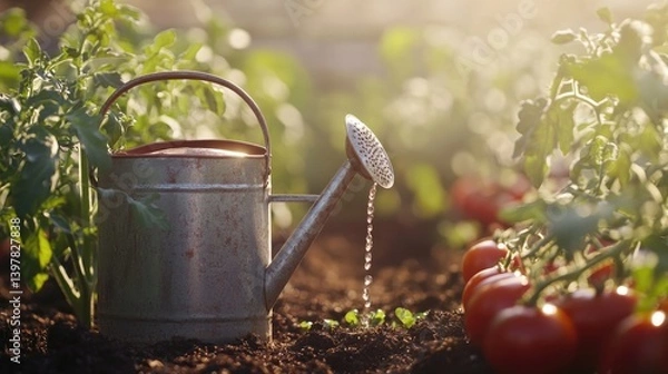 Obraz Rustic watering can nestled among vibrant tomato plants under wa