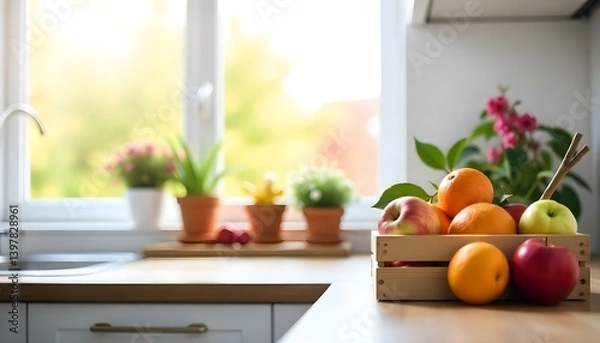 Obraz A wooden box with apples, oranges, and grapes on a white kitchen counter with a window and plants in the background
