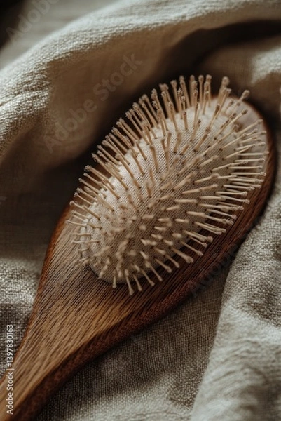 Obraz Natural wooden hairbrush with unique bristle design resting on s