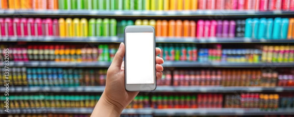 Obraz hand holding smartphone front of colorful shelf filled with various beverage cans, showcasing vibrant colors and modern