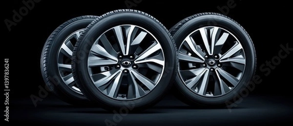 Fototapeta Three alloy wheels and tires displayed with dark background lighting