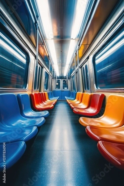Obraz Brightly colored seats line modern subway train, creating vibran