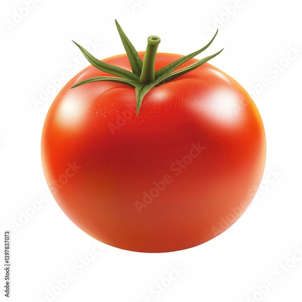 Fototapeta Fresh ripe red tomato with smooth skin and green stem isolated on transparent background.
