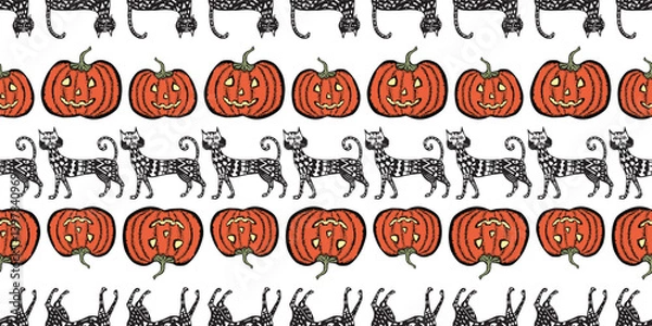 Fototapeta Seamless pattern of drawn decorative halloween pumpkins and cats, vector background, paper, textile, wallpaper, fabric
