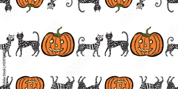 Fototapeta Seamless pattern of drawn decorative halloween pumpkins and cats, vector background, paper, wallpaper, fabric