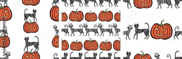 Fototapeta Seamless patterns of drawn decorative halloween pumpkins and cats, vector background, paper, wallpaper, fabric