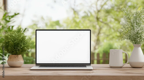 Fototapeta A laptop is open on a wooden table with a vase of flowers and a mug
