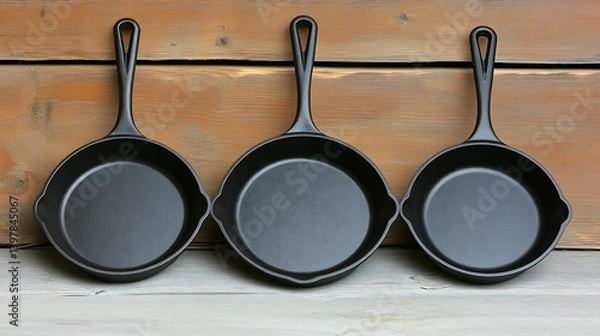 Obraz Three black cast iron skillets resting on a wooden surface.