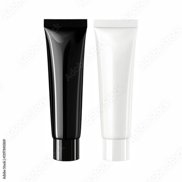 Obraz Two cosmetic tubes, one black and one white, for cream, gel, or lotion standing upright isolated on transparent background.