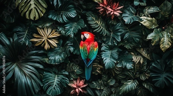 Obraz A vibrant macaw perched amidst a lush tapestry of tropical plants.