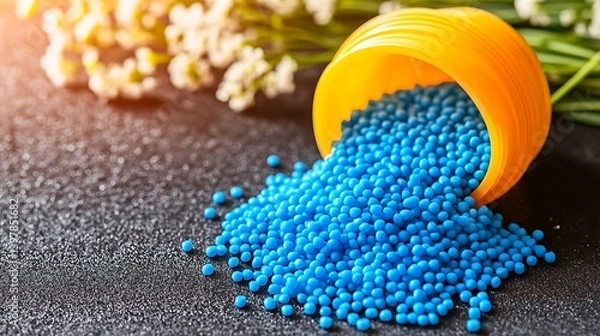 Obraz Bright blue fertilizer granules spilled from an orange container.