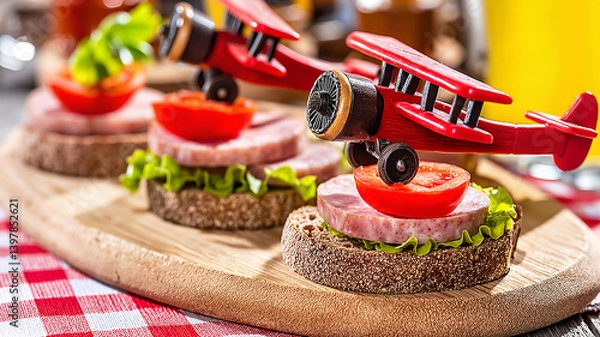 Obraz Playful airplane appetizers on a wooden platter with checkered cloth  