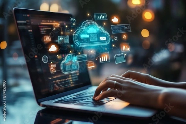 Fototapeta Person utilizing cloud storage on laptop with floating ai icons and search bar   web design concept