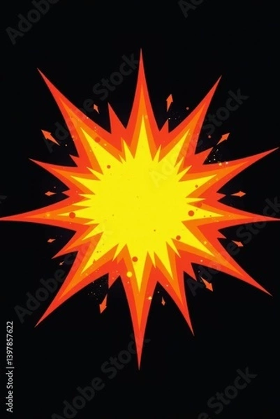 Fototapeta Retro comic book style explosion; fiery orange and yellow burst against black background, black, style, chaos