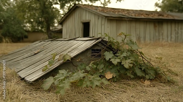 Obraz Weathered wooden shed roof over a rustic outdoor structure.