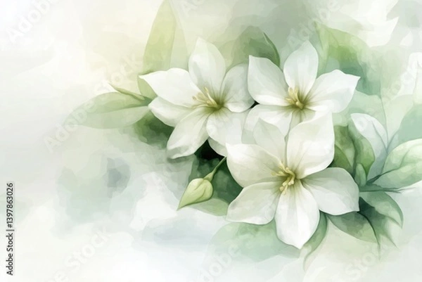 Fototapeta A serene composition of jasmine flowers painted with soft, flowing watercolors, the petals blending into the background in soft hues of white and green.