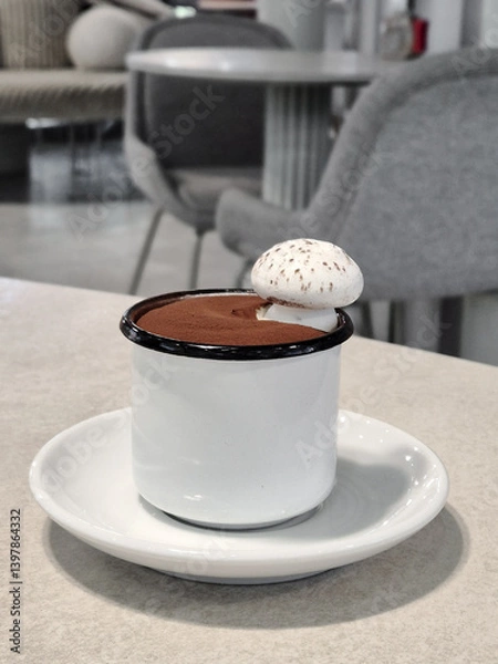 Fototapeta Gourmet Tiramisu in a Cup with Meringue Mushroom Decoration in Modern Cafe