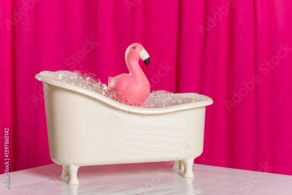 Fototapeta Funny pink flamingo in bath with soap foam on a pink background.