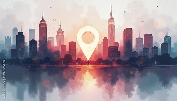Fototapeta Modern cityscape navigation with sunset glow, location pin focus