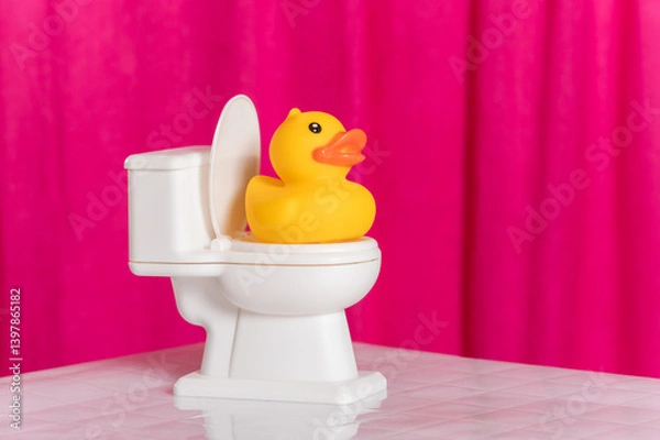 Fototapeta Yellow rubber duck on the toilet on a pink background