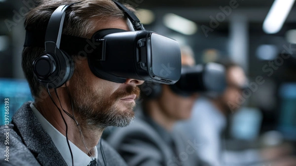 Fototapeta Virtual reality training session with employees engaged in immersive technology, showcasing focus and innovation in corporate environment