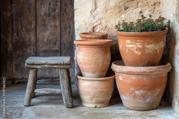 Obraz Rustic charm shines through stacked clay pots beside wooden stoo