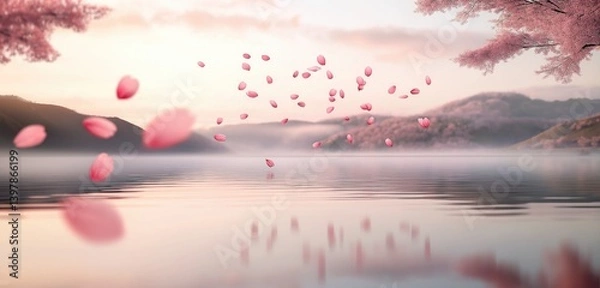 Fototapeta A peaceful scene of soft pink cherry blossom petals drifting through a gentle breeze above a calm lake.