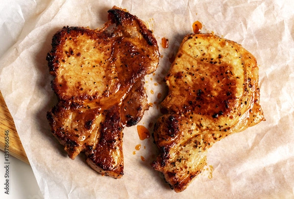 Fototapeta Fried pork steak on kraft paper top view
