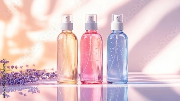 Obraz Elegant bottles in soft pastel colors reflect light, surrounded