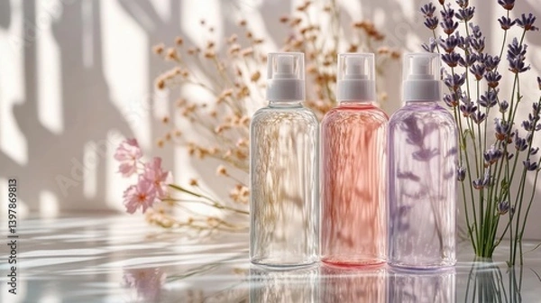Obraz Bottles display soft pastel colors, surrounded by delicate flowe
