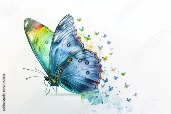 Fototapeta A vivid watercolor butterfly with a spectrum of blue and green tones, with tiny butterflies rising from its wings, leaving a trail of pastel colors.