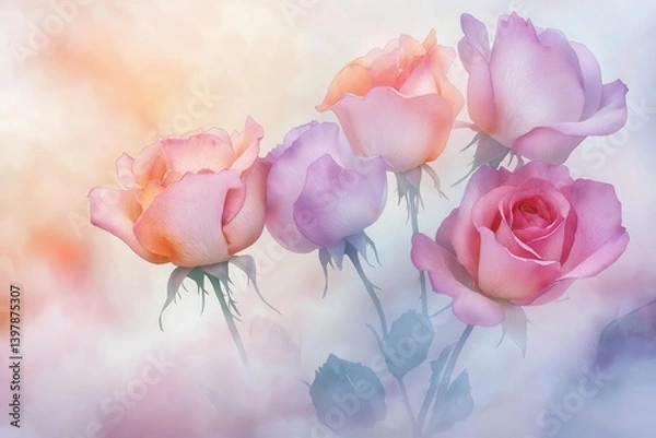 Fototapeta A watercolor painting of soft, translucent roses with delicate petals in varying tones of pink and lavender, surrounded by misty, abstract colors that enhance their gentle beauty.